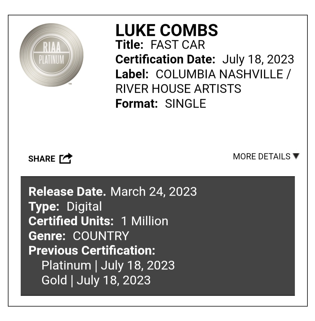 Luke Combs "Fast Car" certified platinum in US Charts & Sales ATRL